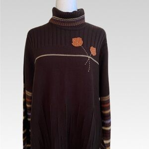 Chic Dark Brown Turtleneck Sweater with Floral Accent